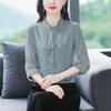 Camisa de Seda de Hangzhou Vestido de Verano para Mujer Encaje de Hongo Cuello Alto Manga Media Top Color Puro Manga Tres Cuartos Camisa de Seda de Morera
