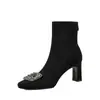Botines de algodón para mujer, negros, forrados de felpa, de tacón alto, colección otoño/invierno 2026, elásticos, ajustados, con hebilla cuadrada de pedrería y tacón grueso, botines