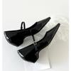 Sapatos Femininos Estilo Francês com Tira de Fivela e Salto Grosso Mary Jane Bico Fino Aumentadores de Altura Camada Única Boca Rasa Elegantes para o Trabalho Sapatos de Salto Alto