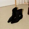 Temporada de Primer Encuentro~Botines Delgados de Hebilla Simple Estilo Francés y Coreano para Mujer, Punta Fina, Aumentadores Internos de Altura, Botines de Moda de Gamuza para Otoño e Invierno