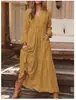Vestido chemise boêmio primavera verão 2023 elegante casual gola V babados manga longa túnica robe
