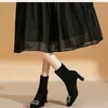 Botines de algodón para mujer, negros, forrados de felpa, de tacón alto, colección otoño/invierno 2026, elásticos, ajustados, con hebilla cuadrada de pedrería y tacón grueso, botines