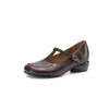 Novos sapatos Mary Jane de couro com tira em T estilo francês para mulheres, primavera de 2026, salto grosso de 4 cm, marrom vintage, sapatos baixos elegantes pequenos