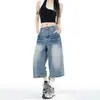 Jeans casual feminino petite para o outono, com estampa de raio, comprimento cropped, estilo vintage desgastado, calça versátil de cintura alta e perna larga que cobre os quadris
