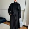 Nuevo Abrigo de Cachemira de Doble Cara de Alta Gama Otoño/Invierno 2026 para Mujer, Cuello Alto de Pie Largo, Corte Holgado, Con Cinturón, Abrigo de Lana Sencillo