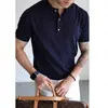 Camiseta de hombre de manga corta de verano con cuello Henry, fina, cuello redondo, pullover, casual de negocios, manga corta, de punto moderno, holgada