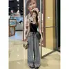 Pantalones de pierna ancha hasta el suelo para mujer, diseño simple de cordón, otoño temprano, delgados, de cintura alta, holgados, adelgazantes, a cuadros, versátiles y de moda