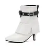 Botas de Cano Curto Apontadas Salto Agulha Outono/Inverno 2026 com Rebites e Fivela de Cinto, Botas de Cano de Jeans, Botas de Salto Alto Solas, Tamanhos 33-48, Botas de Exportação