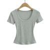 Estilo Francés Sexy Ajustado Elástico Ceñido Top Corto Mujer Deseo Puro Cuello U Grande Cintura de Relojería con Hilo Camiseta de Manga Corta
