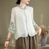 Camisa vintage bordada de algodón y lino para mujer, cárdigan de botones, top de tres cuartos, estilo chino, holgada y favorecedora.