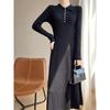 Vestido largo de terciopelo Andy con cuello POLO para otoño e invierno, vestido de punto de manga larga con hebilla de perla y flores torcidas para mujer