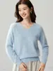 Suéter de cachemira 100% cepillada con cuello en V para mujer, corte holgado, color liso, cachemira suave cepillada, top base sin costuras para otoño e invierno