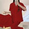Pijama Luxuoso Grande Vermelho Amor Feminino Primavera e Verão Manga Curta Calça Conjunto de Três Peças Festivo Casamento Roupa de Casa Imitação de Algodão Atacado