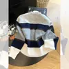 Suéter cárdigan de diseño transfronterizo a rayas de bloques de color 2026 para mujer, Otoño/Invierno, Holgado, Vintage, Casual, Suave, Apto para figuras petite