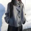 Cárdigan de punto para mujer de otoño e invierno, holgado, color liso, cuello alto, con botones, único, cálido, a prueba de viento, prenda exterior estilo coreano