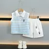 Conjunto Sin Mangas para Niños, Ropa Infantil Estilo Coreano, Camisa Polo a Rayas, Top Chaleco Versátil y Elegante, Conjunto de Dos Piezas con Shorts