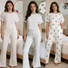 Moda feminina para comércio exterior europeu e americano transfronteiriço, estampa de coração, roupa de casa, verão, gola redonda, manga curta, calça longa, conjunto de pijama
