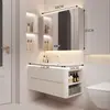 Gabinete Lateral Inteligente Combinado de Madera Maciza Estilo Crema de Lujo Ligero Gabinete de Baño con Lavabo Cerámico Integrado