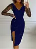 Ropa Femenina Transfronteriza Otoño e Invierno 2023 Amazon Wish Vestido Sexy de Malla con Escote en V y Pedrería para Mujer