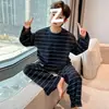 Nuevo conjunto de pijama para niños, a rayas, de manga larga, holgado, cómodo, para estar en casa, con pantalones largos, para niños mayores, para primavera y otoño