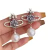 Pendientes Colgantes de Diamante Saturno Perla con Set de Aguja Plateada, Pendientes de Botón de Temperamento Exquisito de Lujo Ligero, Pendientes Versátiles de Gama Alta de Nicho para Mujer