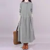 Outono 2026 Novo Estilo Coreano Solto Plus Size Longo Gola Boneca Emagrecedor Xadrez Manga Longa Algodão Linho Vestido para Mulheres