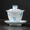 Tazón de té de porcelana blanca de una sola pieza, pintado a mano en celadón, con tapa para ceremonia del té, hecho de celadón de jade de grasa de oveja