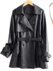 Novo trench coat elegante de cintura marcada, caimento justo, jaqueta curta para o dia a dia, casaco de couro, pele de ovelha