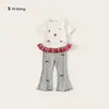 Roupa Infantil Youbao Meninas Manga Curta Verão Xadrez Patchwork Camiseta para Crianças Pequenas com Estampa de Desenho Falso Duas Peças Roupa de Bebê
