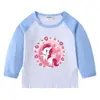 2023 Camiseta de Algodão com Ombro Estampada de Unicórnio para Crianças, Gola Redonda, Manga Longa, Camiseta Básica, Camiseta para Bebês Meninas