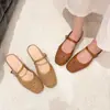 796-19 Zapatos planos sin talón de punta cuadrada tejidos huecos transpirables con plataforma interior para mujer, zapatos planos de una sola tira, zapatos de talla grande transfronterizos