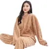 Pijama de Fleece Coral Feminino Outono e Inverno Jacquard Confortável Plush de Algodão Espessado Roupa de Casa Conjunto de Duas Peças Conjunto Quente Solto Atacado