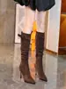 Botas altas de tacón estilo francés para mujer, elegantes botas ajustadas, nuevas botas de tacón grueso para otoño e invierno, botas largas de punta fina stiletto