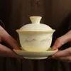 Conjunto de Chá Kung Fu Bege Forno Ru Bule de Cerâmica, Tigela com Tampa, Xícara de Chá, Conjunto Completo Caixa de Presente de Luxo, Presente Souvenir para Clientes