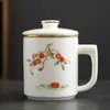 Taza de Oficina de Jade con Sebo y Tapa Dorada Tira de Oro Taza de Cerámica Taza Personal para el Hogar Separación de Té Filtración Taza de Burbujas Personalización