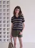 Estilo colegial 2026 Verano absolutamente hermoso traje corto casual coreano para mujer de verano con mangas cortas a rayas combinado con un conjunto completo