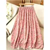 Falda midi de línea A con estampado floral y drapeado de cintura alta para mujer, nuevo estilo de verano, falda estampada vintage de longitud media adelgazante