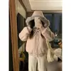 Chaqueta de Béisbol Acolchada Gruesa de Piel con Capucha y Lazo Rosa Coreana Chaqueta Corta de Lana Larga para Mujer Otoño e Invierno
