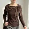 Top de Malha Assimétrico Feminino High-End Estilo Coreano Chique Menina Apimentada Laço Sutil Emagrecedor Manga Longa Camada Base