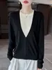 Nuevo suéter de punto elegante de otoño e invierno de imitación de dos piezas con cuello en U para mujer, de corte holgado, de manga larga, tejido fino, versátil
