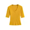 Venta al por mayor de ropa de mujer transfronteriza, estilo europeo y americano, nueva moda primavera 2026, versátil, multicolor, cuello en V, cómoda, manga media, camiseta top