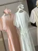 Elegante vestido de cuello cuadrado con cintura fruncida y mangas abullonadas para mujer, nuevo estilo de verano, suave y favorecedor, vestido largo sencillo con diadema