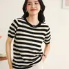Nuevo jersey base de rayas finas de verano, cuello redondo, hueco, manga corta, estilo coreano, camiseta simple para mujer
