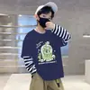 Camada de Base Infantil Masculina Estampa de Desenho Animado Algodão Puro Fina Camiseta Estilo Coreano Listrada Elegante Gola Redonda Manga Longa