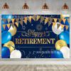 Nova Faixa de Celebração de Aposentadoria Feliz Decoração de Festa para Adultos Fundo Azul Dourado Cortina Disponível em Design de Amostra