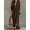 Nova Moda Feminina Transfronteiriça: Design de Gola Lisa de Cor Sólida, Vestido Longo com Fenda Frontal, Casual e Confortável, Elegante Vestido Longo
