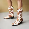 Exportação Transfronteiriça Outono e Inverno Novas Botas de Cano Médio com Estampa de Vaca Salto Grosso Salto Médio Tamanhos Grandes 35-48 Sapatos Femininos Amazon