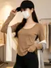Camiseta de Manga Longa para Mulheres 2026 Nova Slim Fit Casual Base para Meninas, Top Tendência com Barra em U Estilo Ins