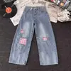 Calças jeans rasgadas com patches para homens e mulheres, calças largas bordadas da moda para primavera e outono, calças retas casuais retro americanas