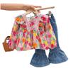 2436Q niñas 2024 primavera y otoño nuevo traje tesoro de mujer estilo pintura al óleo chaqueta con jeans acampanados conjunto de dos piezas
